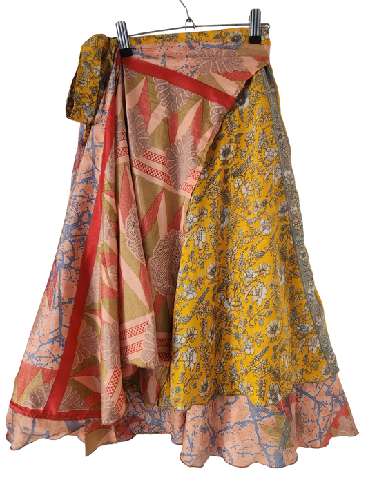 2in1Boho Wickelrock Unikat aus Sari-Seide - doppellagig & beidseitig tragbar - Onesize