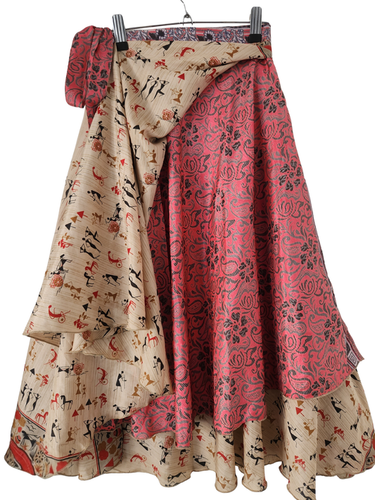 2in1Boho Wickelrock Unikat aus Sari-Seide - doppellagig & beidseitig tragbar - Onesize