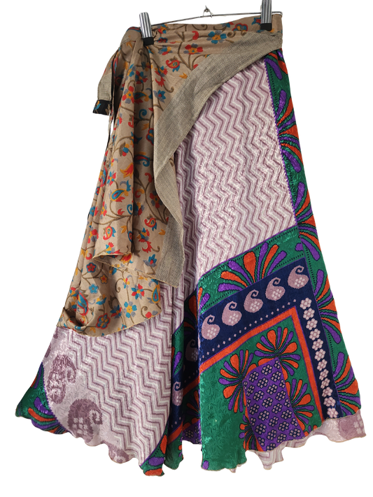 2in1Boho Wickelrock aus Sari-Seide - doppellagig & beidseitig tragbar - Onesize