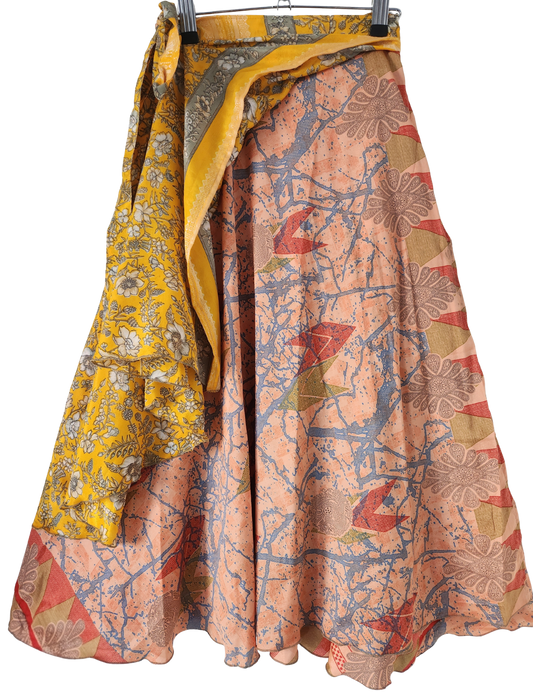 2in1Boho Wickelrock Unikat aus Sari-Seide - doppellagig & beidseitig tragbar - Onesize
